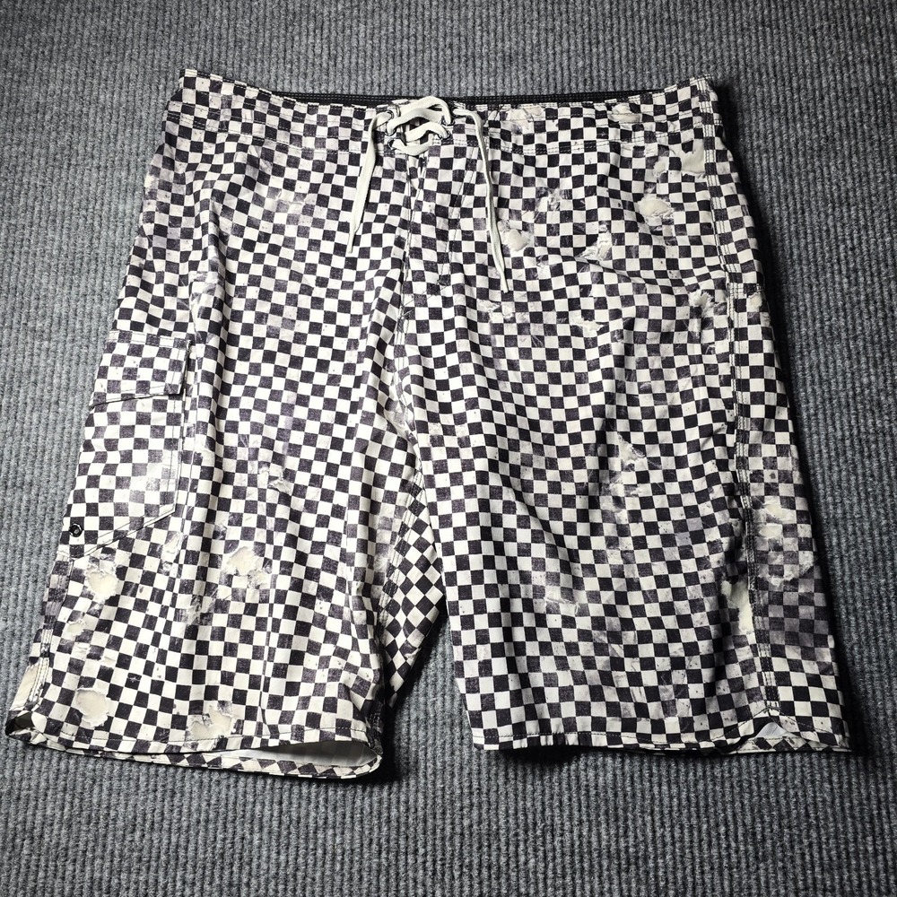 Vans Checkerboard Board Shorts Mens 36 Black White Surf Swim Skate Side Pocket